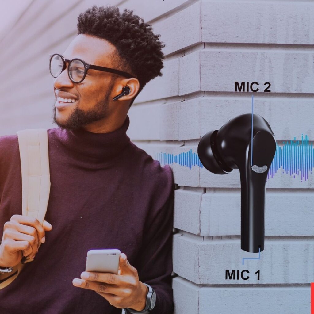 Man on phone with Vibe-Tech Earbuds